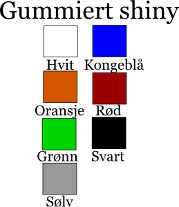 Farger gummiert: Hvit, kongeblå, oransje, rød, grønn, svart og sølv