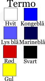 Farger termo: Hvit, kongeblå, lys blå, marineblå, rød, svart og gul